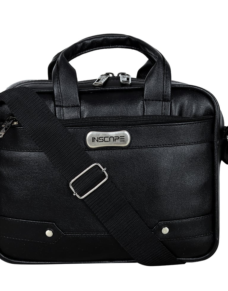 a black briefcase leather sling bag with metal logo