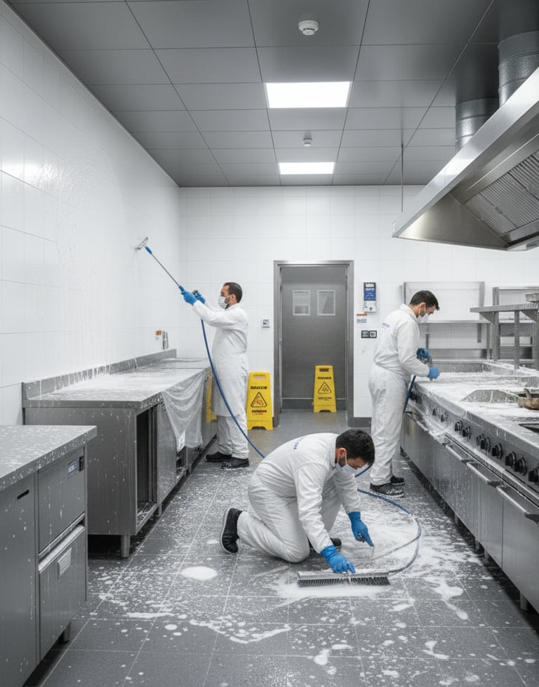 Des hommes qui nettoient une cuisine professionnelle
