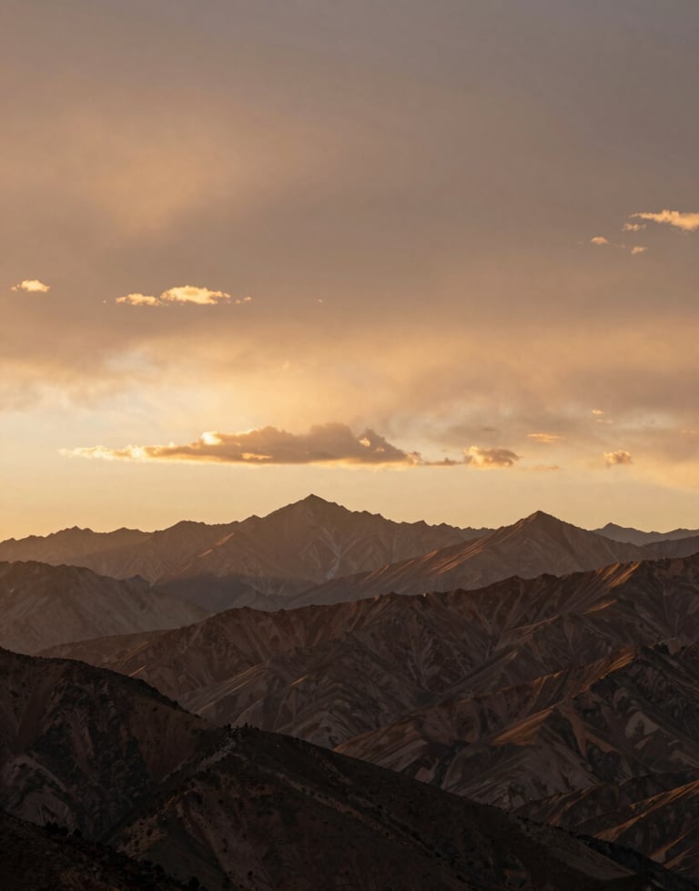 Wide cinematic sunset over a North American / US mountain range, warm earth brown and soft sand colored clouds.