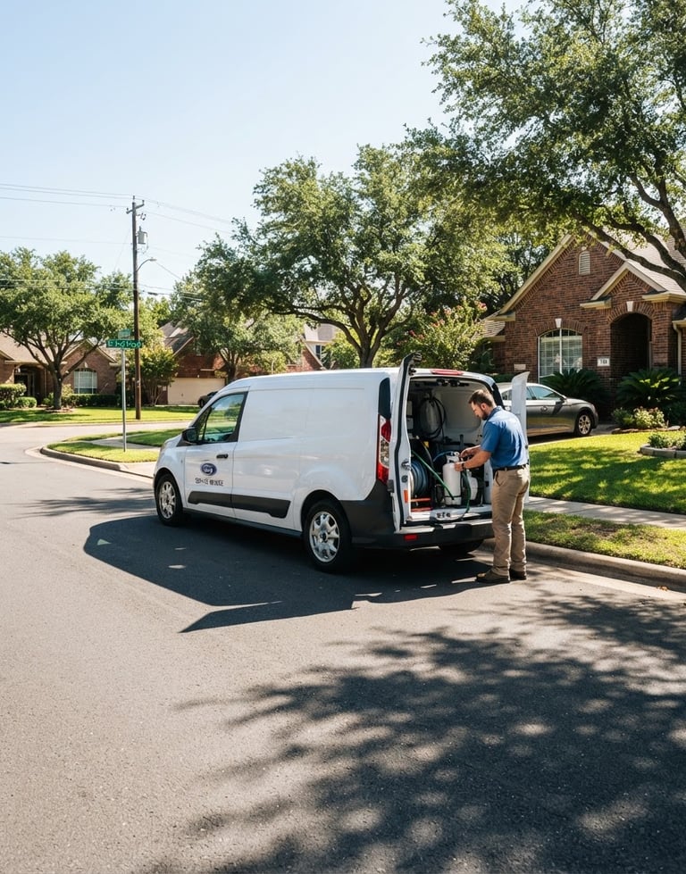 Local Alpha Anna Pest Control service truck, clean, parked on a residential street in Anna, TX under bright Texas daylight, technician visible, strong shadow contrast, wide angle.
