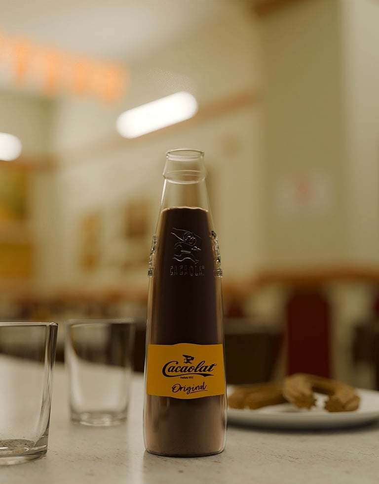 Cacaolat en una mesa con churros en la Granja M. Viader.