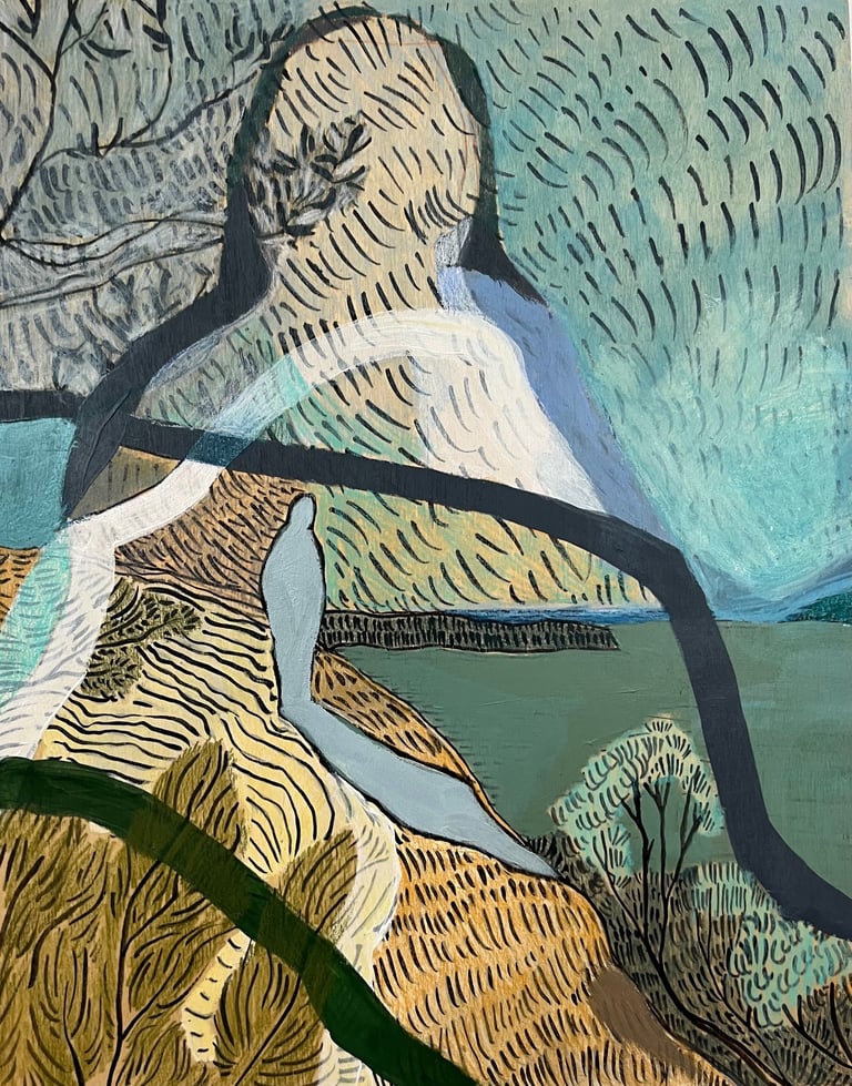 a painting of a figure ona rock overlooking the ocean and trees, surrounded by a larger figure