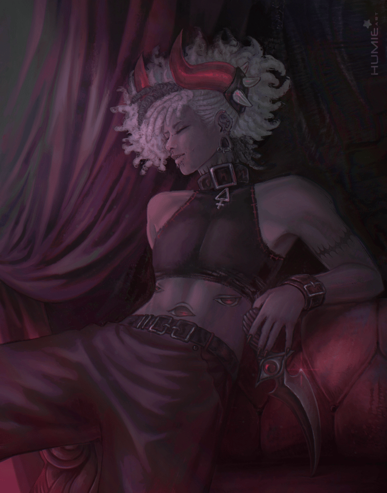 Horned demon relaxing on a sofa in a fancy, luxurious and dark room.