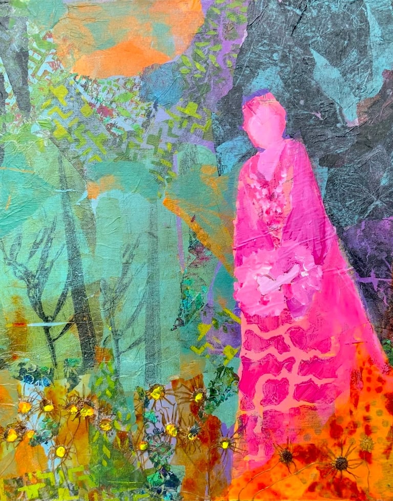 Lady in Forest. Acrylic collage fantasy fairy
