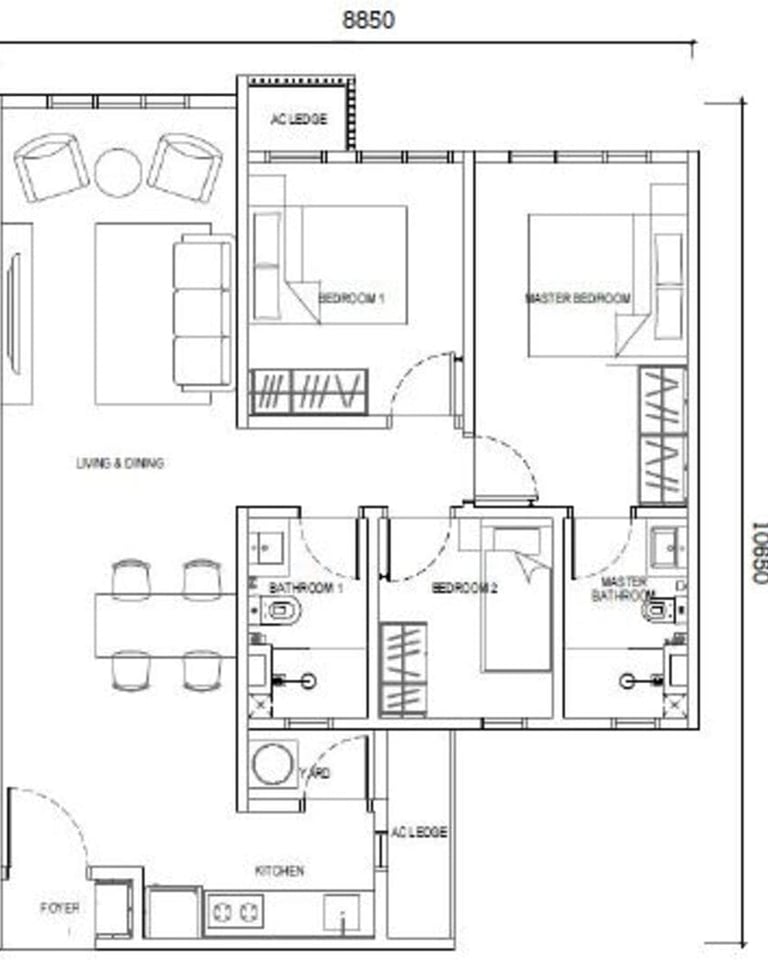 Type E2 layout – 850sf 3-bedroom 2-bathroom apartment without balcony, near RTS station