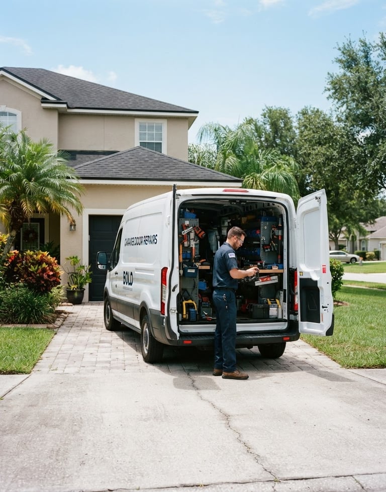 Wide shot of a clean, branded Bold Garage Door's Repairs service truck parked in a residential driveway in Starke, Florida, under bright natural daylight, technician visible checking tools in the back, sharp documentary style.