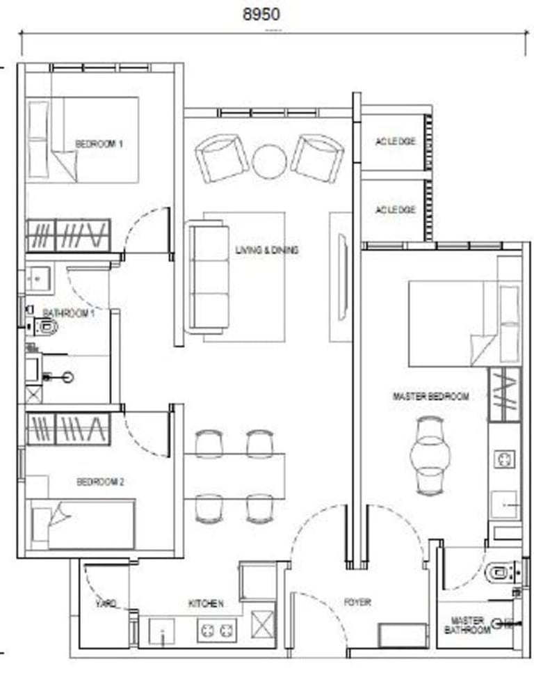 Type F2 layout – 850sf Dual Key apartment without balcony, 3 rooms 2 baths near RTS link
