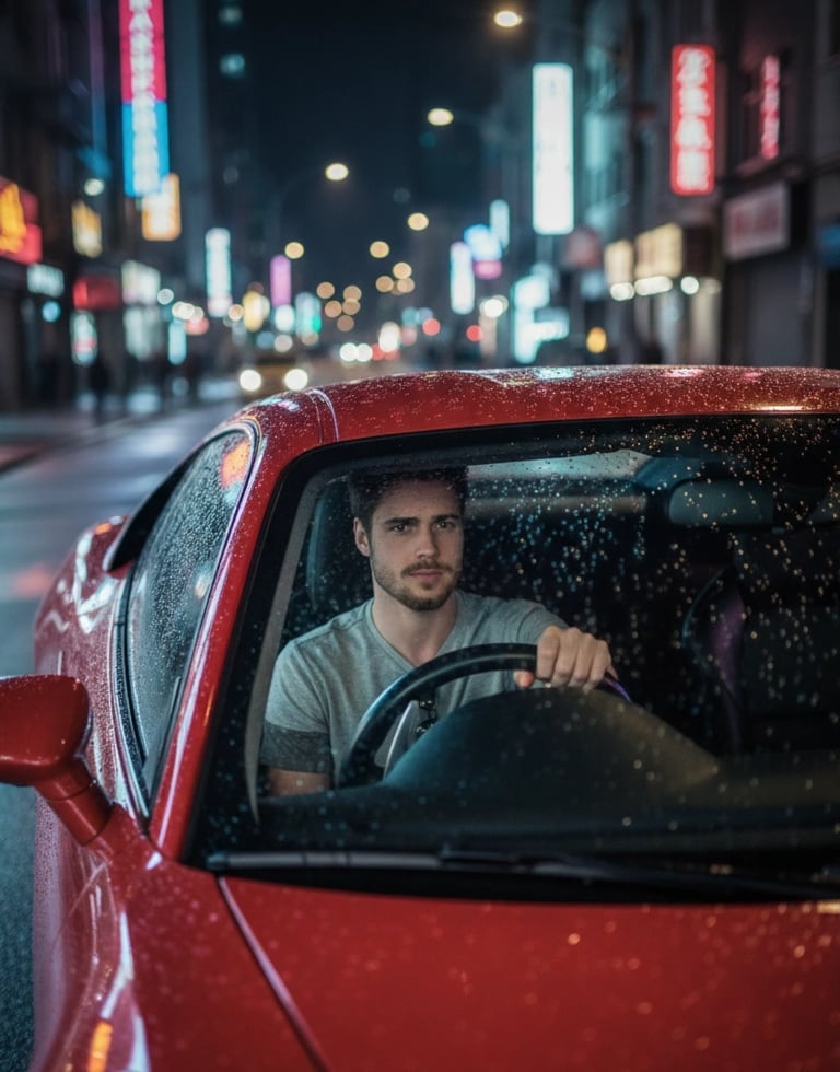 a man driving a car in the rain