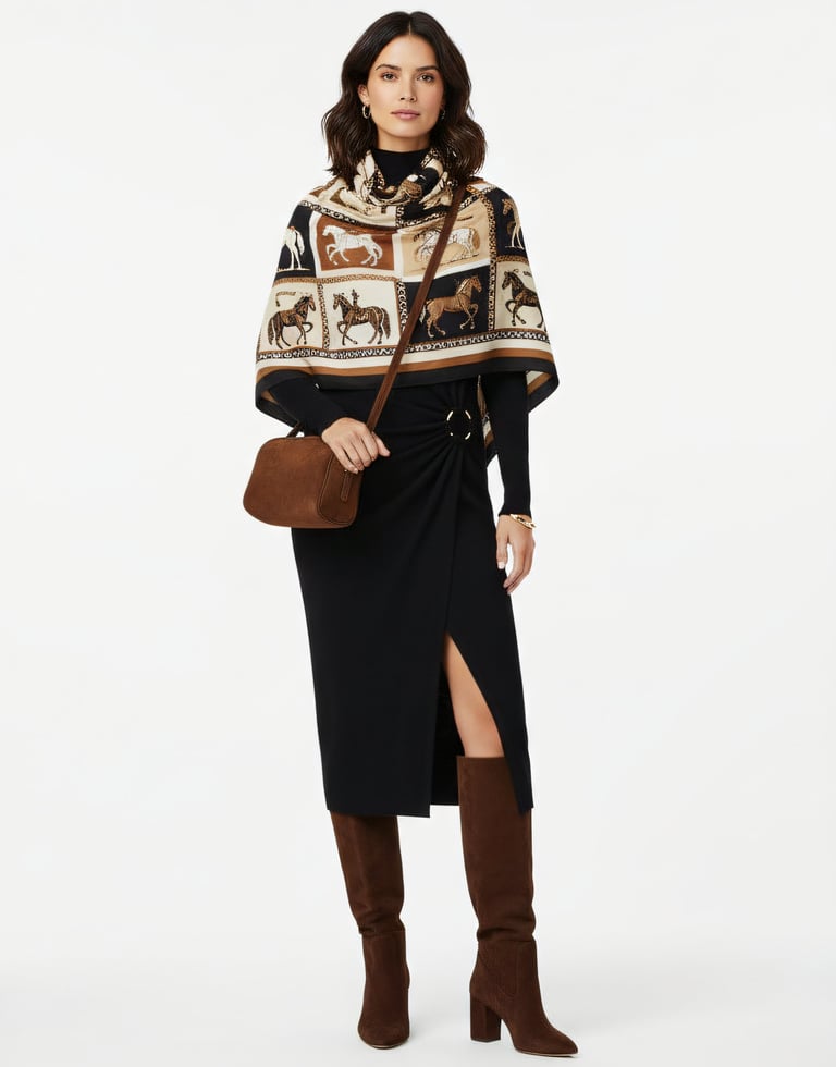 a woman in a midi dress, scarf and boots standing in front of a white background