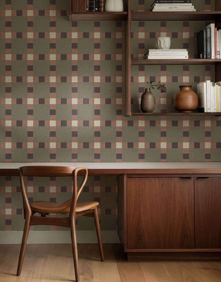 Earthy checkered geometric wallpaper with a mid-century grid pattern in muted greens and browns