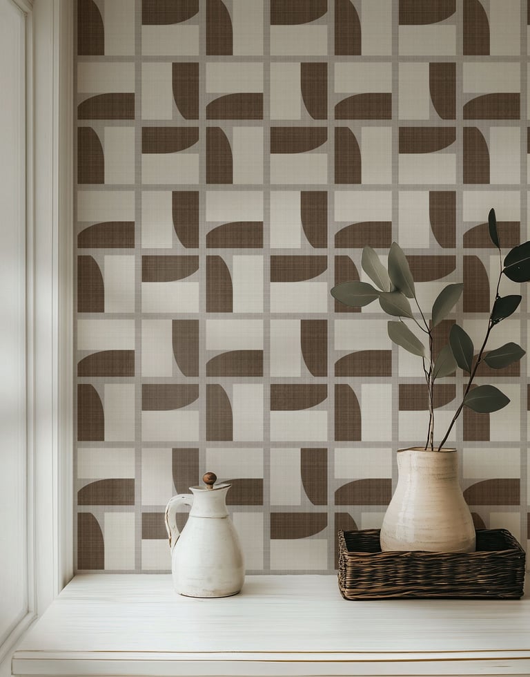 Warm earthy geometric wallpaper with a mid-century grid pattern in brown and beige tones,