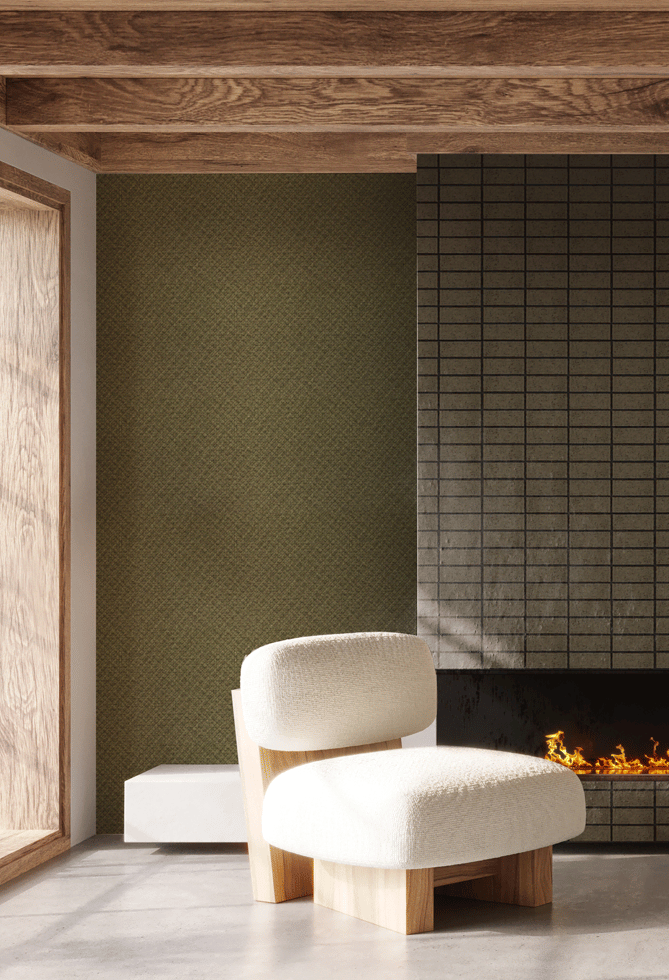 Modern slate tile wallpaper with a charcoal geometric pattern, styled in a minimalist living