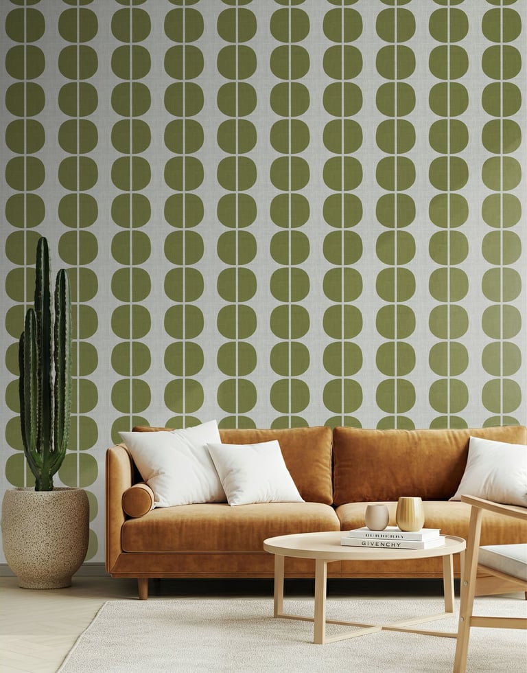 Olive green geometric wallpaper with bold half-circle motifs, styled in a modern living room