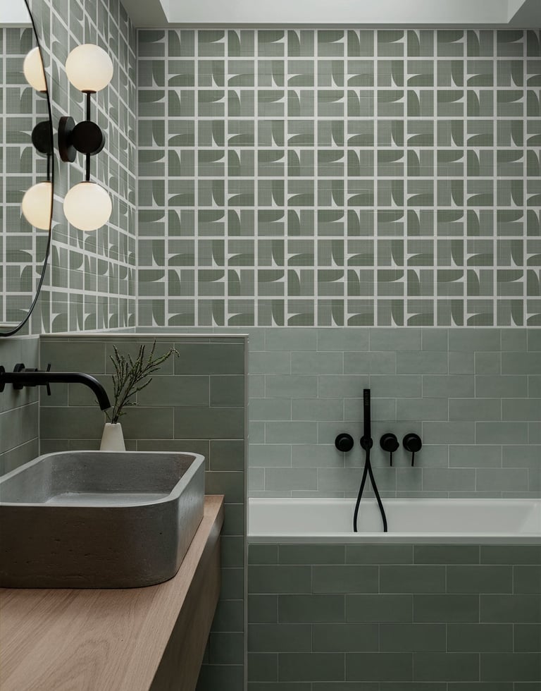 Sage green geometric wallpaper with a structured mid-century pattern, styled in a modern bathroom