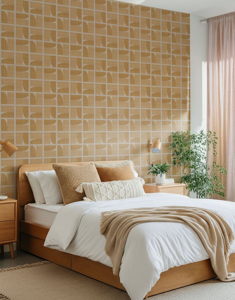 Sunset orange geometric wallpaper with a mid-century grid pattern, styled in a cozy bedroom
