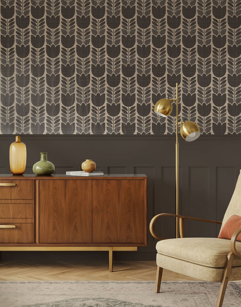 Dark retro floral wallpaper with a deep charcoal background and beige tulip motifs