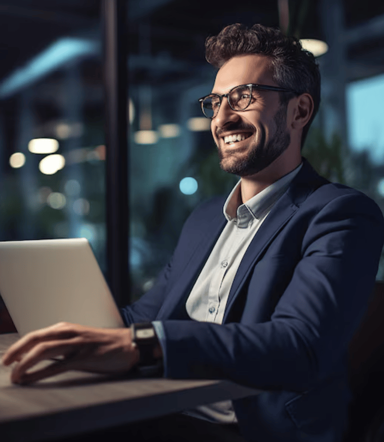 Business man at desk in front of laptop smiling
