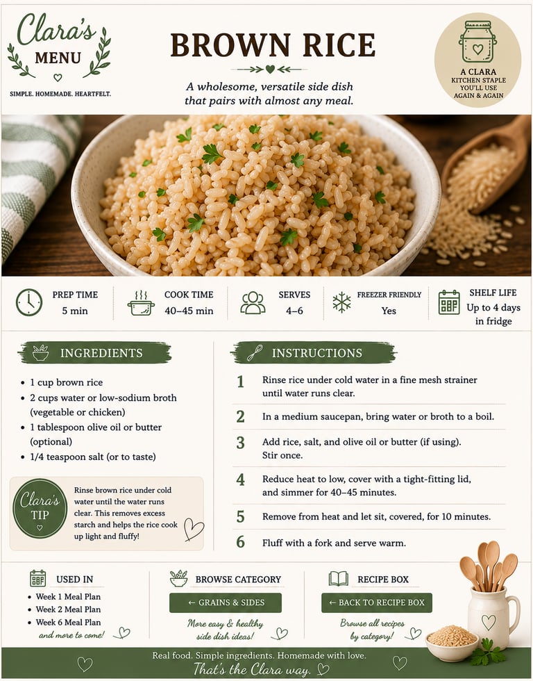 A brown rice recipe infographic with ingredients, instructions, and cooking tips for a healthy side dish.