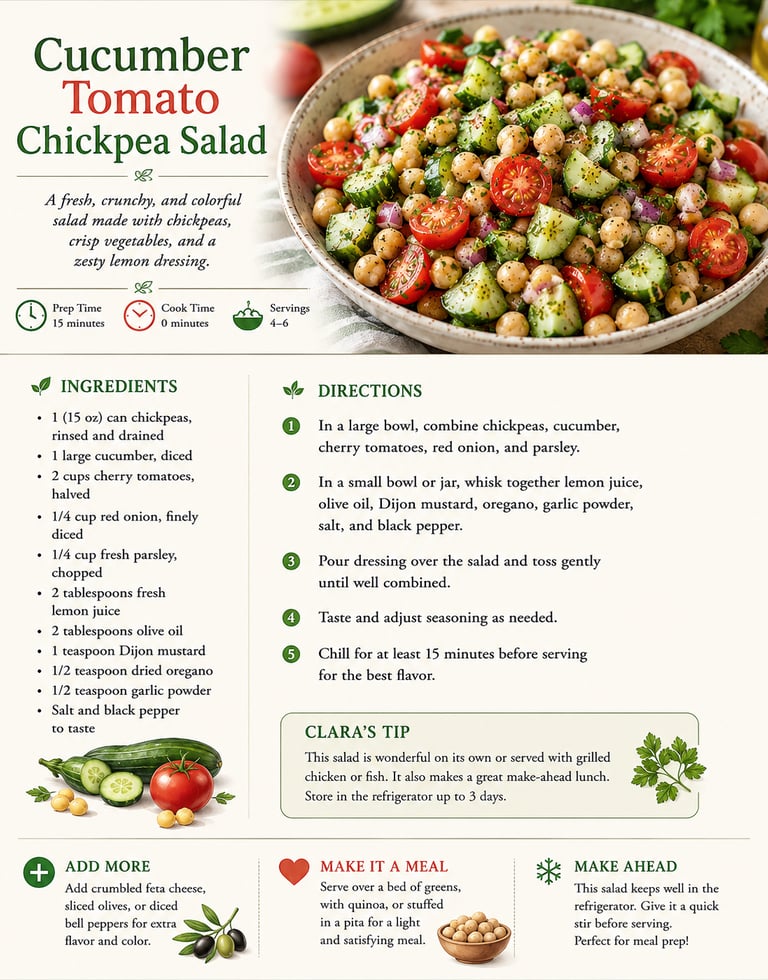Recipe card for a Mediterranean cucumber tomato chickpea salad with fresh herbs and lemon dressing.