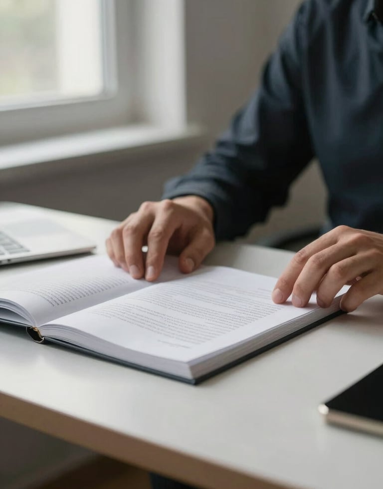Close view of a single person seated at a minimal desk, hands resting on an open document, soft north-facing window light from the left, shallow depth of field, quiet focus