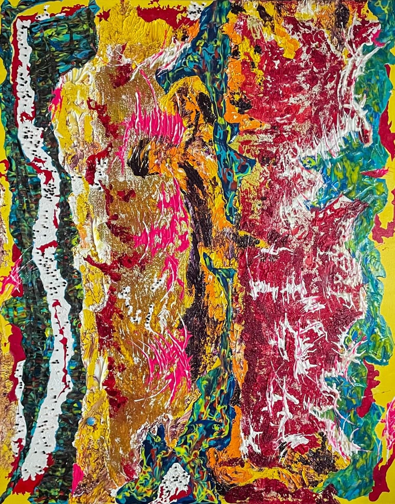 Vibrant abstract expressionist painting featuring thick impasto texture in red, yellow, and blue hues.