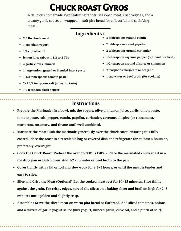 chuck roast gyro recipe card