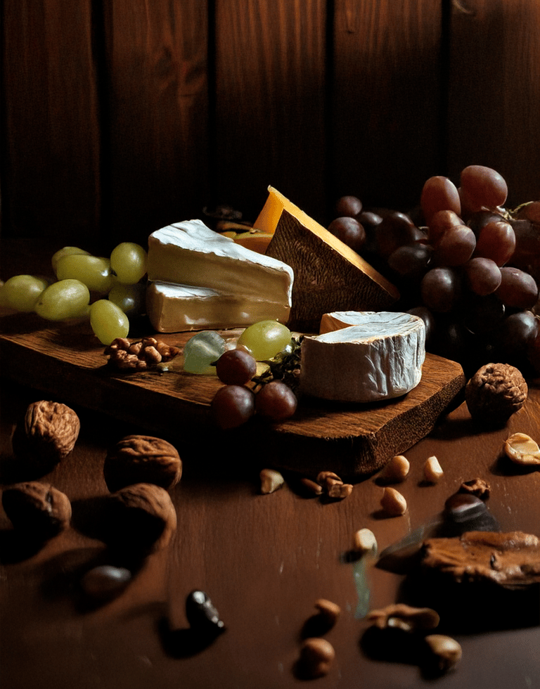 "Una tabla de quesos con uvas y frutos secos."