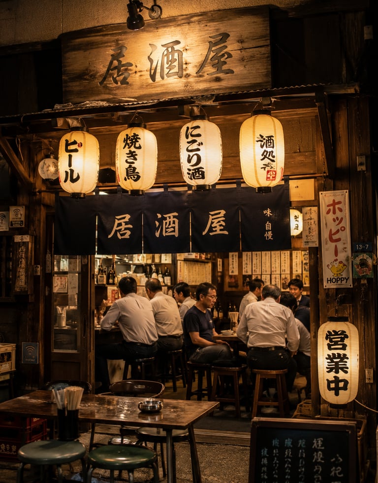 Diners at a traditional Japanese izakaya bar with glowing paper lanterns and noren curtains.