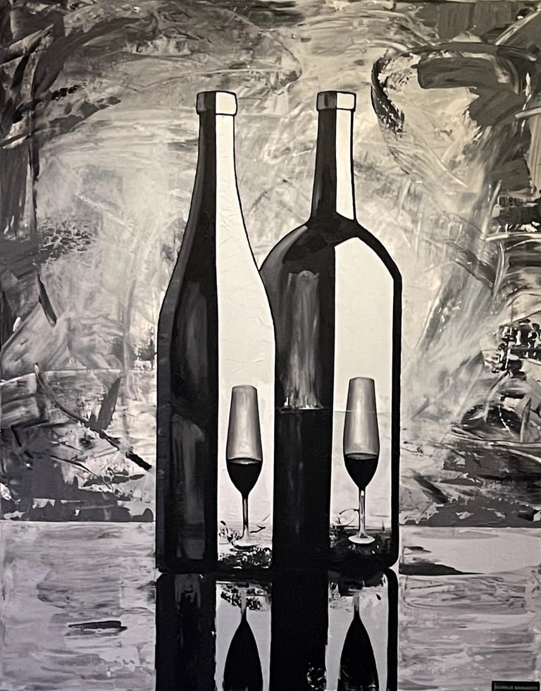 Monochromatic painting of two wine bottles and glasses with reflections on an abstract background