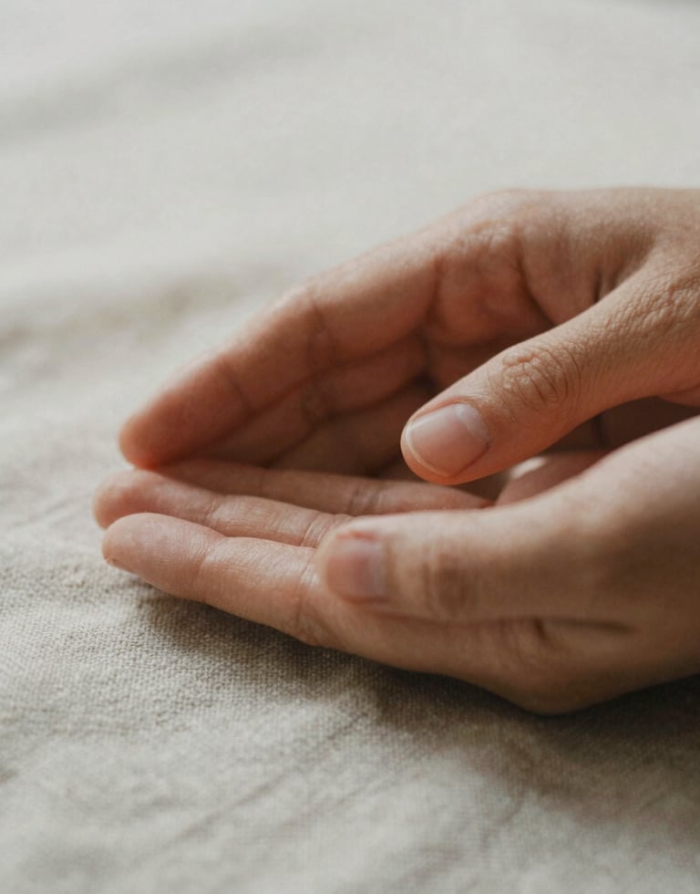 Macro close-up of warm hands gently hovering over textured organic linen, soft diffused morning light, shallow depth of field, 35mm film texture.