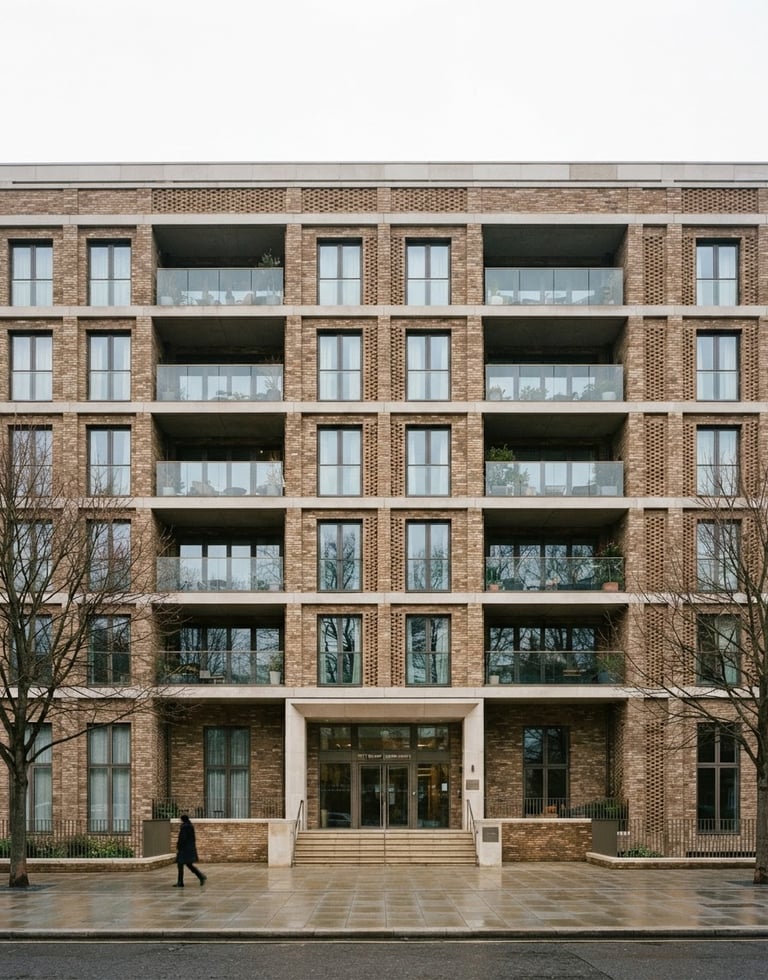 Symmetrical modern London residential brick apartment building facade under bright overcast daylight, clean architectural lines, 35mm photography
