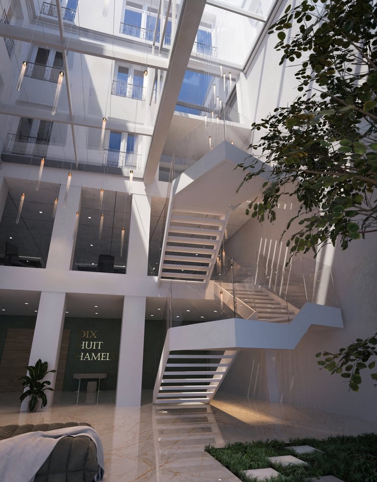 Rendu 3D photoréaliste d’un atrium moderne avec verrière, escalier blanc design, sol en marbre et suspensions lumineuses.