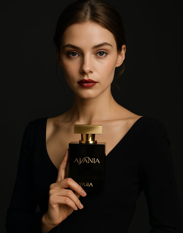Modèle avec flacon de parfum Anania de YARA – campagne élégante