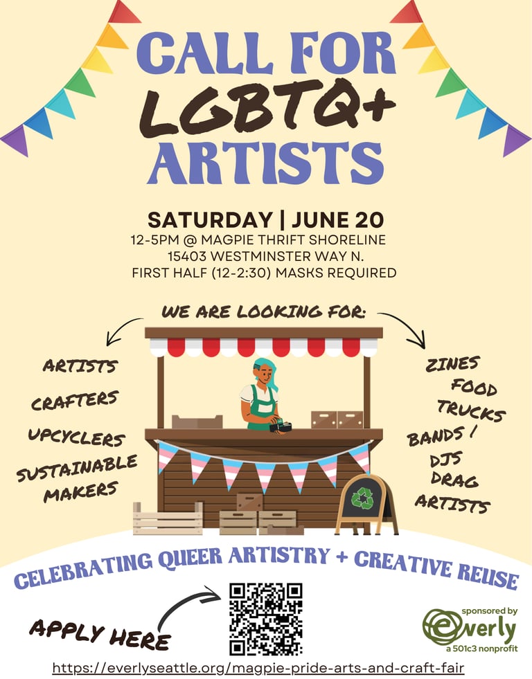 flier featuring pride colored banners and a simple wooden booth with a queer vendor and text (aside)