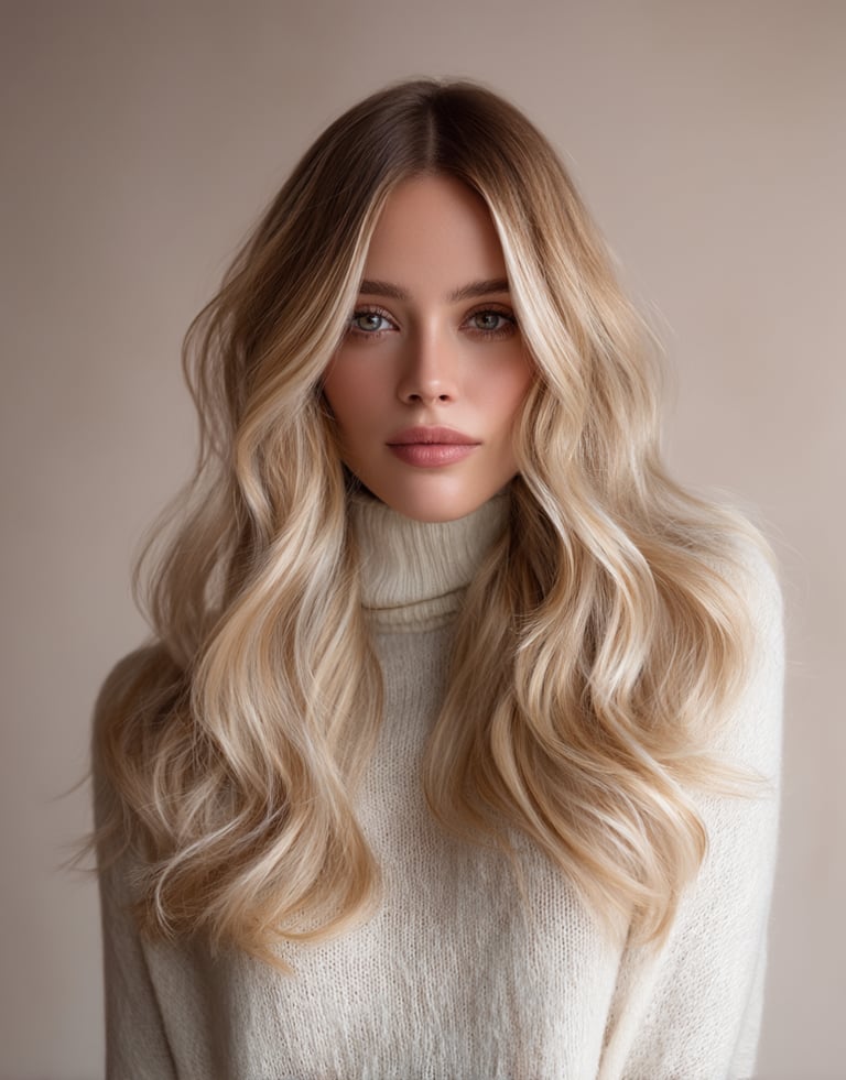 Luxury blonde balayage with soft waves and dimensional colour blending