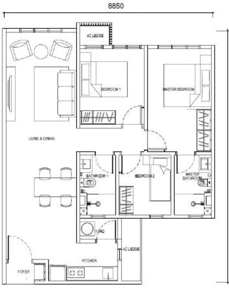 Type E2 layout – 850sf 3-bedroom 2-bathroom apartment without balcony, near RTS station