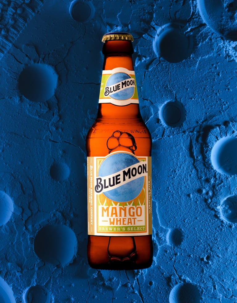 Blue Moon beer bottle lying on the Moon's surface