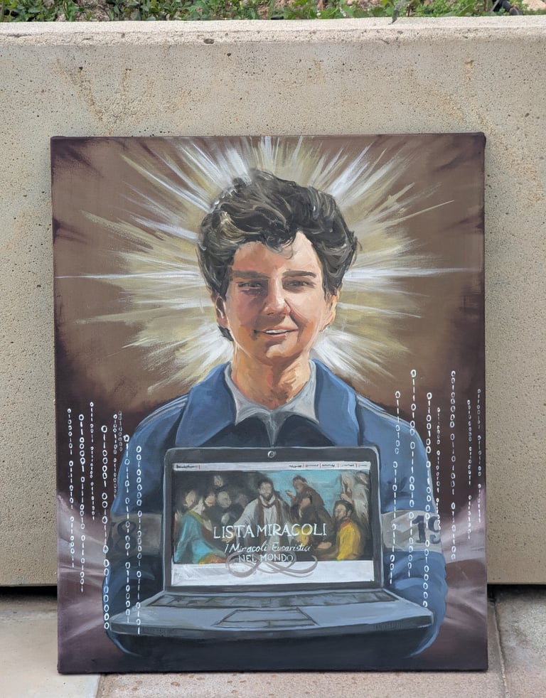 Carlo Acutis, santo canonizado en el año 2025. Iconografía en óleo sobre lienzo.