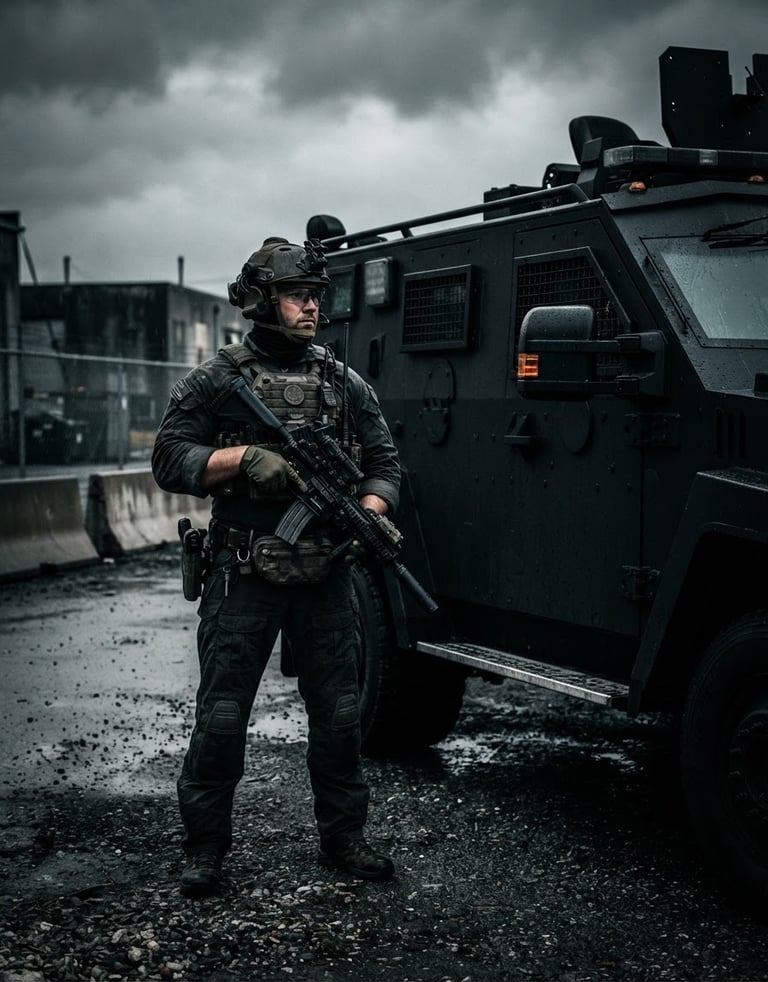 Dark, high-contrast image of a professional security personnel in tactical gear, standing beside a black armored vehicle, low-key dramatic lighting, desaturated tones, sharp focus, overcast sky.