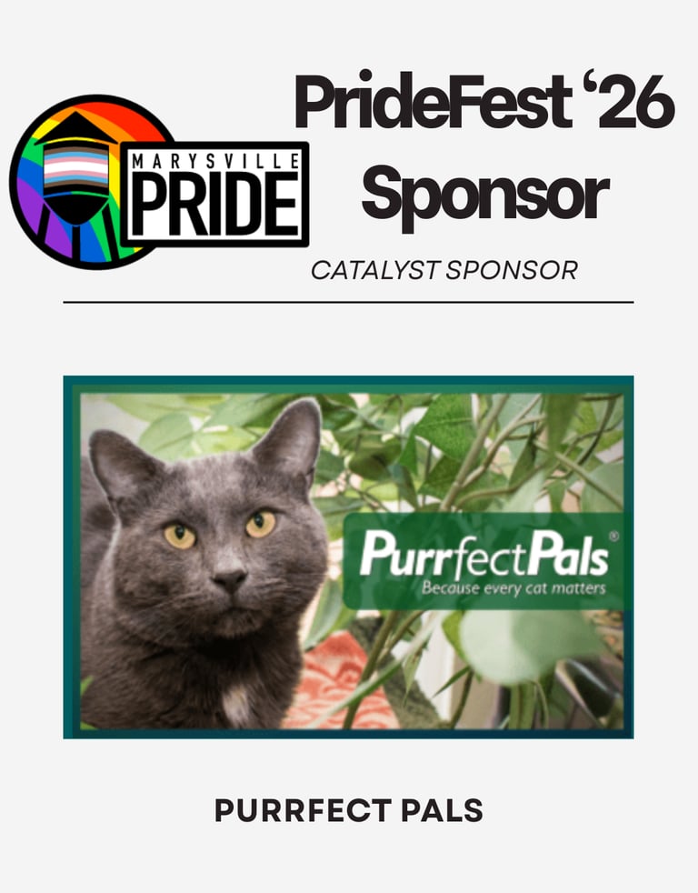 Purrfect Pals Marysville PrideFest 26 Catalyst Sponsor featuring a grey cat and rainbow pride logo.