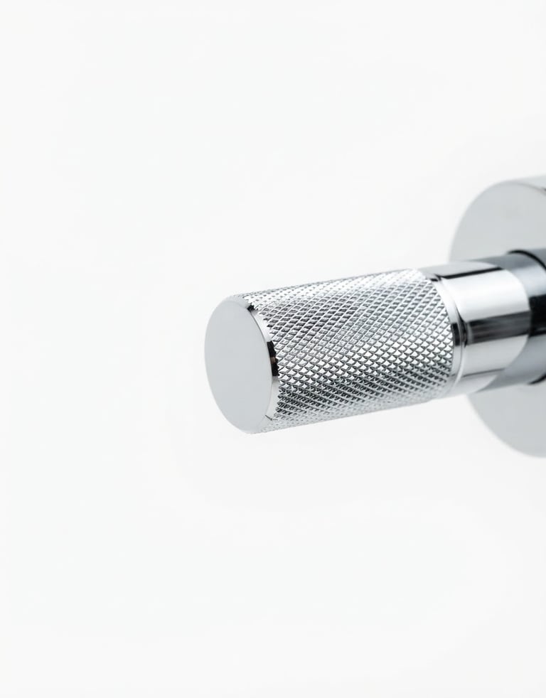 Close-up of a high-quality, polished chrome faucet handle, sharp focus on the knurled texture, bright studio light, seamless white backdrop, 50mm lens. Panoramic 21:9 frame, handle to the right third.