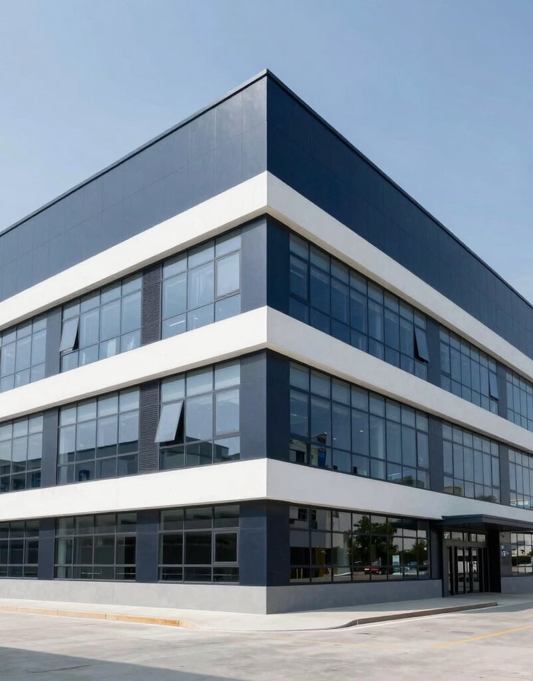 Architectural clean shot of a modern industrial facility and offices, bright daylight, sharp focus, reflecting stability and corporate scale.