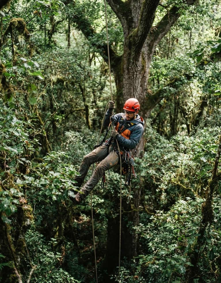 Arboriste en harnais, en pleine descente dans une canopée dense, vue en contre-plongée, lumière naturelle du jour, ambiance technique et robuste.