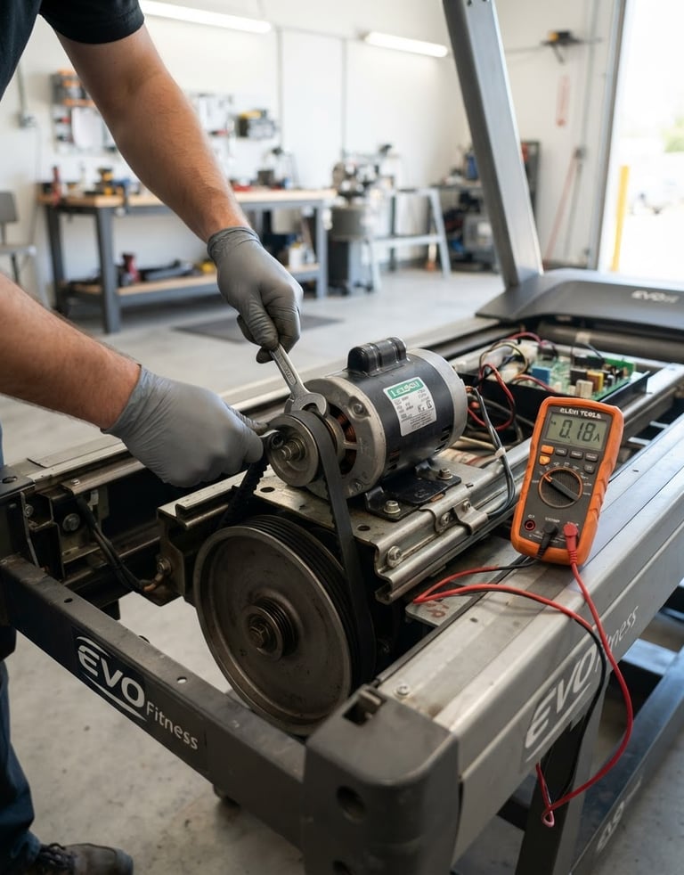 Technician's hands adjusting a treadmill motor belt, digital multimeter visible on the side, bright utility lighting, crisp focus on mechanical details, 50mm
