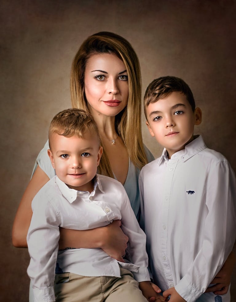 a mother and her sons posing for a family portrait, fine art portrait photography