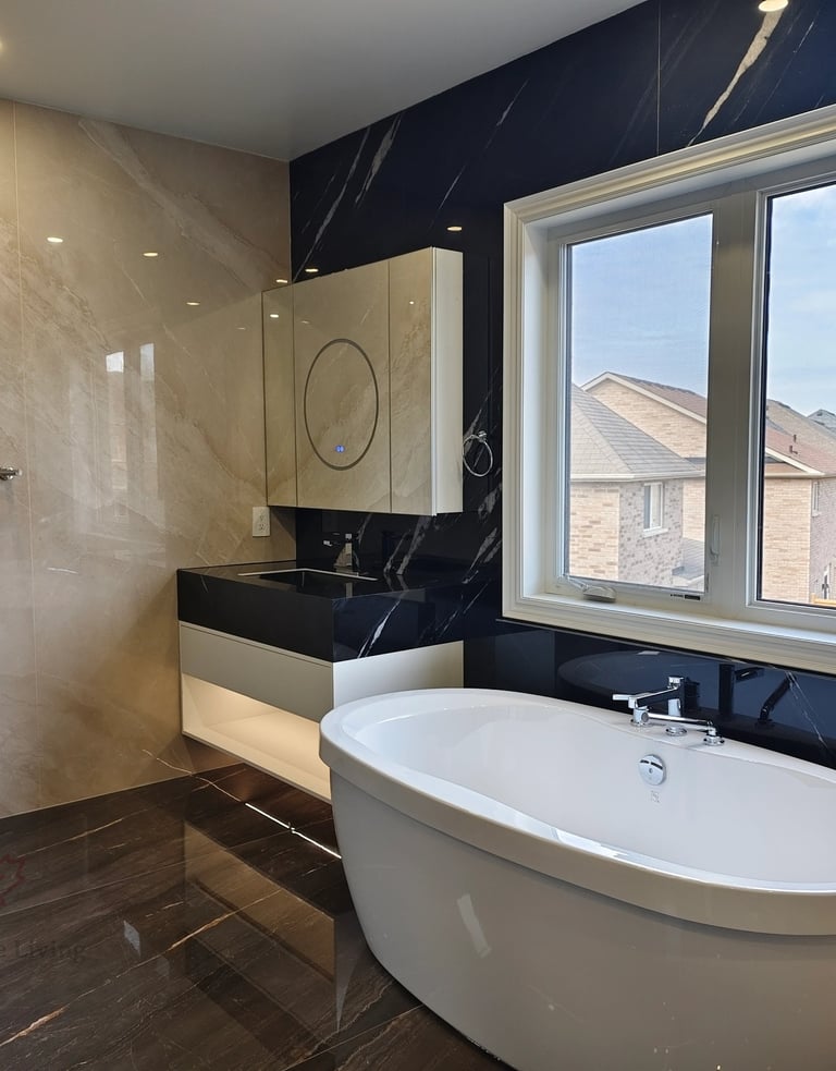 Close-up of a custom bathroom vanity showing the precision alignment of gold metal trim, marble back