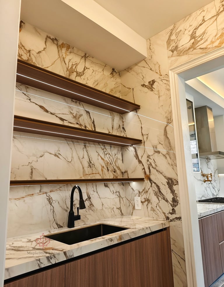 Modern bar niche with book-matched marble backsplash, floating wood shelves with built-in lighting, 