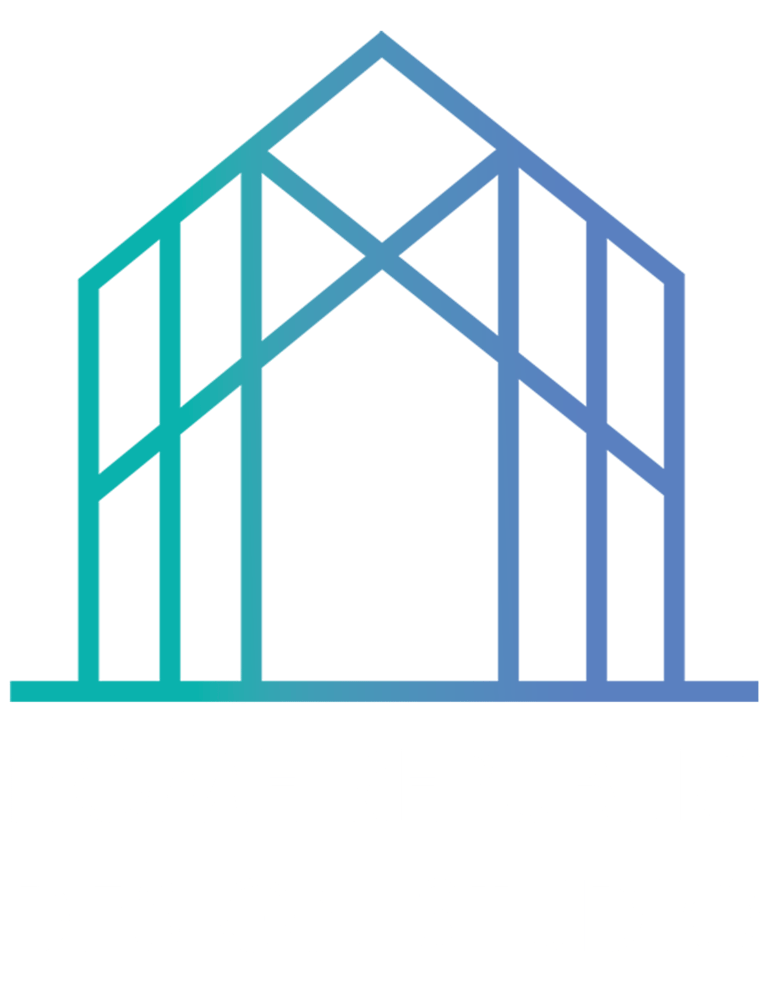 A minimalist blue and teal gradient house icon featuring geometric line art architecture.