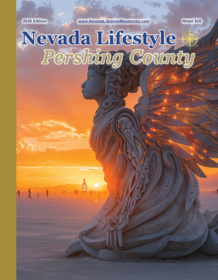 Nevada Lifestyle Pershing County magazine cover featuring a glowing desert art sculpture at sunset.