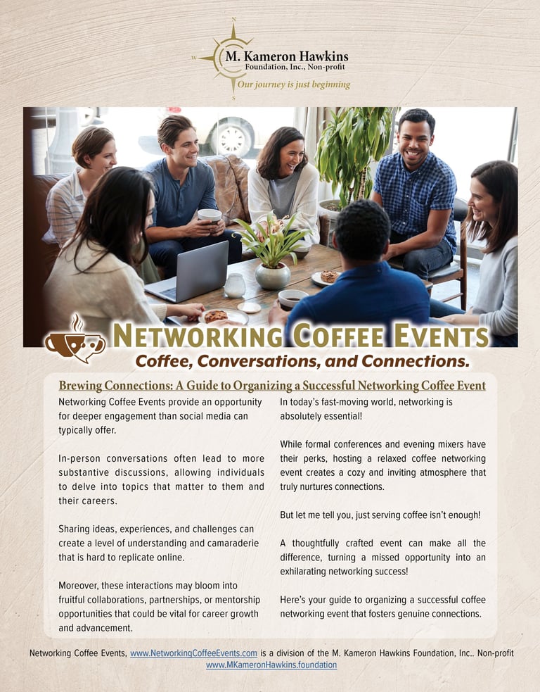 A diverse group of people smiling and talking at a networking coffee event hosted by M. Kameron Hawkins.